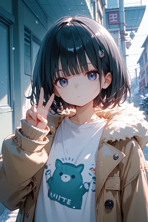   high school girl、  black hair, short bob, small boobs,duffle coat,Long sleeve T-shirt,(  shiny skin:0.5), front view, upper body、  expressionless  , Peace sign,Peace sign next to face, looking viewer、  winter