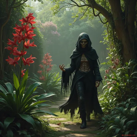 A red flower of death growing in an orchid garden and a mummified woman dressed as a witch is wandering around the area.