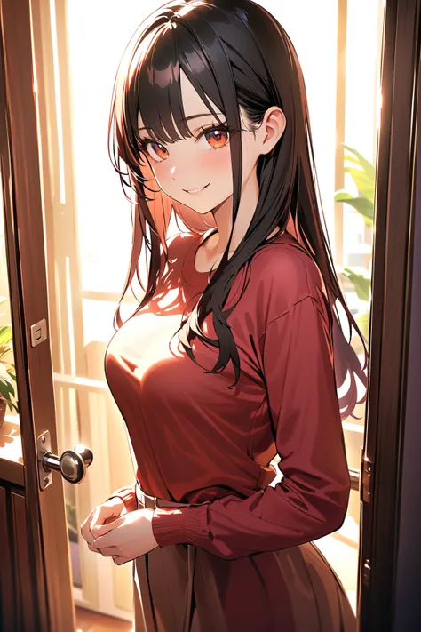 1 woman, (adult woman), (blushing smile), (medium breasts), (fitted clothing), long hair, standing in front of an apartment door, casual style, (urban setting), 
BREAK 
interior of an apartment, warm lighting, (cozy atmosphere:1.2), decorative plants, door...