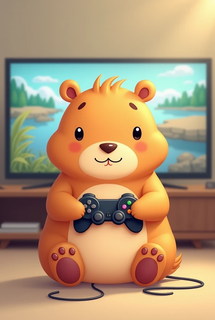  A capybara in cartoon style ,  with its round and tender shape ,  sitting relaxed with a video game controller on its front legs. Calm and happy expression ,  with a simple background screen showing vibrant colors .  Soft lines and warm colors to highligh...