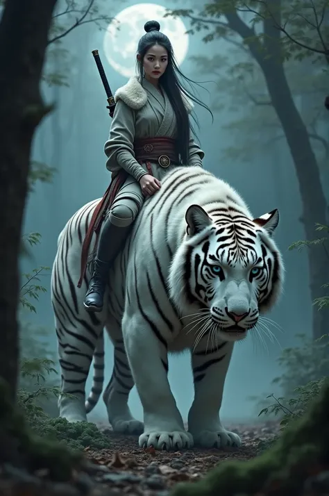 A huge, deadly white tiger with piercing blue eyes, crouched low in a dark, misty forest. Its strong muscles tensed, and its sharp claws dug
inward moist soil, ready to pounce. The tiger's fur is pure white, with faint black stripes, a beautiful long-haire...