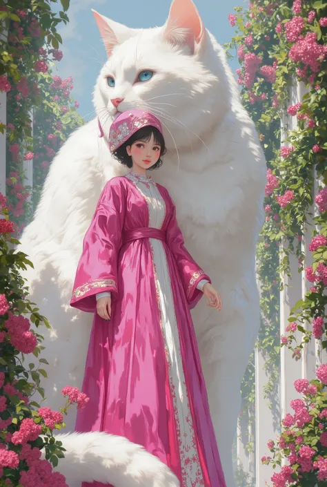 A neatly dressed rich pink wizards robe-wizards pointy hat woman walks alongside a giant, plain white cat with blue eyes