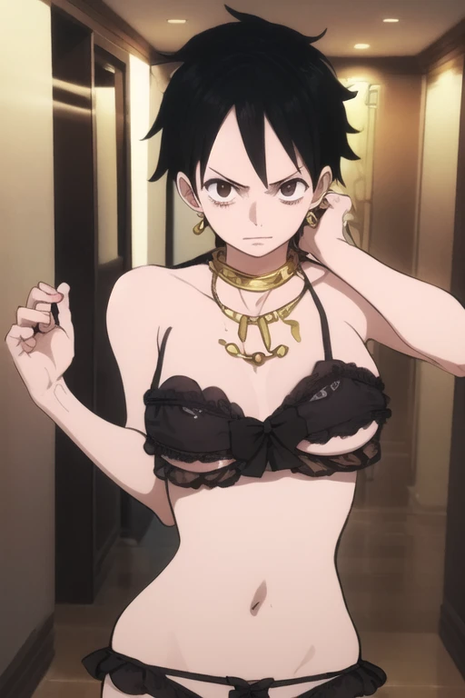 (masterpiece, best quality), beautiful face,  monkey_d_luffy, Luffy female, scar under eye, genderswap, brown eyes, big tits, lingerie, diamond necklace, emerald earrings, in the hall