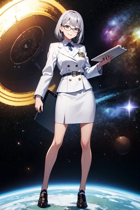  anime picture for TRPG、Space science fiction teacher 、 full body portrait in front of 、A 32-year-old woman about 170 cm tall, wearing a silver suit and a long tight skirt, holding a clipboard and standing upright、Glasses、Silver Eyes、 smiling、The hairstyle...