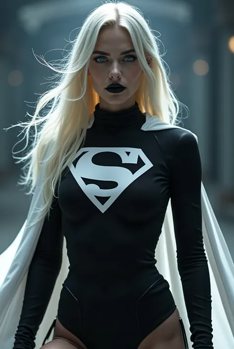 In a cyber RPG setting, Supergirl takes on a contrasting gothic aesthetic, her usual costume replaced with a sleek black design featuring a pure-white Supergirl symbol on her chest. A flowing pure-white cape drapes behind her, complementing her white (micr...