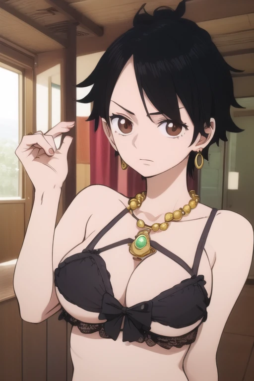 (masterpiece, best quality), beautiful face,  monkey_d_luffy, Luffy female, scar under eye, genderswap, brown eyes, big tits, lingerie, diamond necklace, emerald earrings, in the hall