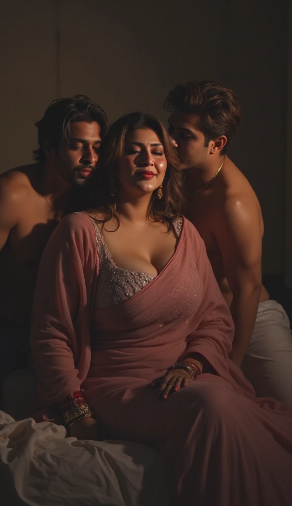 Photo of a Voluptuous Mature Indian Aunty, Wearing transparent Pink Saree, Wet and Sweaty, Large U Cut Cleavage exposed, Hair Messed up and Bed messed up, Sitting on edge of the bed, Her eyes closed and smiling, A Shirtless Young Guy sleeping behind her an...