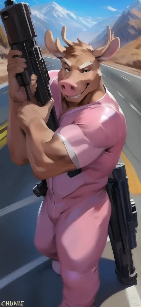  alone, male Tall​,huge​ body​, stand,Carrying a long gun as a weapon, road,pig moose ice pink ,  pink military spacesuit,  heavy overload,  muscle bundle, smirking happy ,by chunie ​