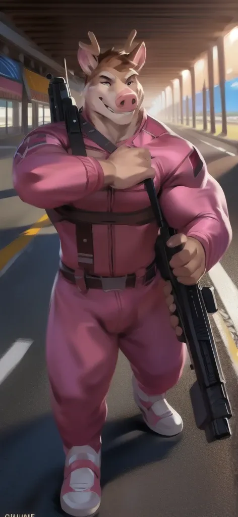  alone, male Tall​,huge​ body​, stand,Carrying a long gun as a weapon, road,pig moose ice pink ,  pink military spacesuit,  heavy overload,  muscle bundle, smirking happy ,by chunie ​