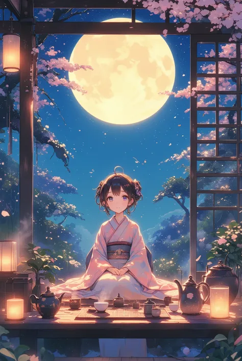 Moonlit Tea Ceremony, Cute and Whimsical, Adorable Girl in a Traditional Kimono, Soft Pastel Colors, Sparkling Eyes, Gentle Smile, Cozy Atmosphere, Glowing Full Moon, Starry Night Sky, Fireflies Floating, Delicate Tea Set, Steaming Cup of Tea, Sakura Petal...