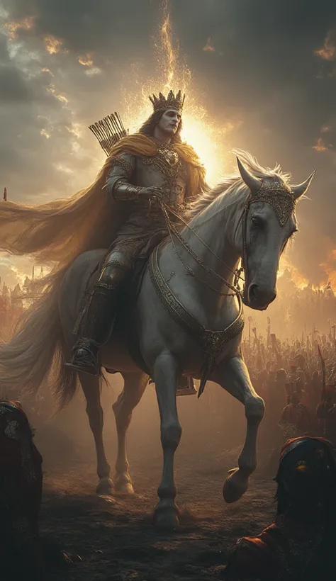 

" Create an impressive and symbolic visual representation of the first Horseman of the Apocalypse,  The White Knight ,  known as' Conqueror 'or associated with Antichrist .  The rider rides a white horse , radiant and majestic,  but with a deceptively at...