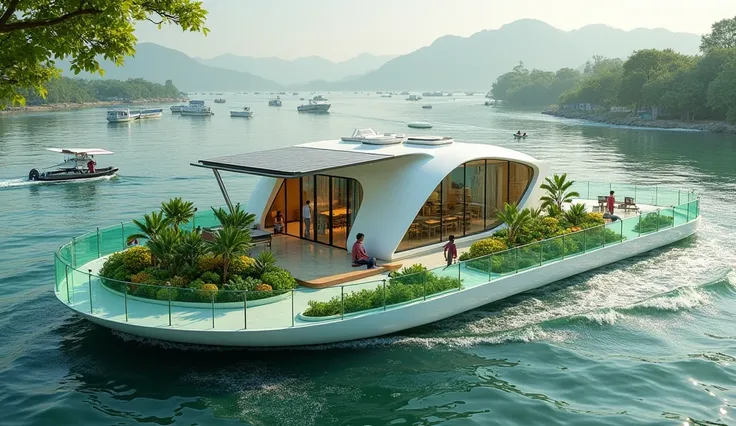 A futuristic modern shape floating mobile home is set on a white raft with exposed terrazzo floors, surrounded by a green glass fence around the edges of the raft. The roof is complete covered with solar panels. 2-3 Vegetable & herbs farm with bananas and ...