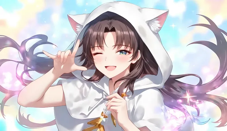 Create an anime-style illustration of a cute girl.She is wearing a white hooded cloak with cat ear decorations,giving her a playful and adorable look.Her expression is cheerful and lively,with one eye slightly closed as if she's winking or making a playful...