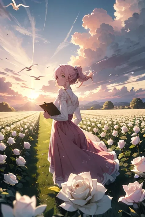 ((  borrowed letter )), (( masterpiece)), ( detailed), a devastated field of white roses,cloudy sky, pink sky ,  late afternoon, flying birds 