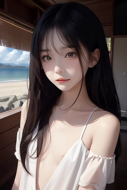 Japanese female middle school student wearing very small very thin silk underwear ,Stand on a hill where you can see distant natural scenery and the coast,(((とても flat chest))), ( flat chest:1.1)、((( Masterpiece))), 最 high quality,  illustration, (Teenage G...