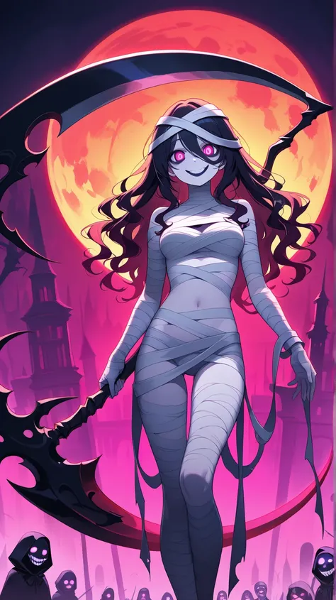 total body, Grim Reaper holds his scythe, a Mummy Girl, mummy, Spooky atmosphere smile, Wavy hair, slim figure, colorful Image, HDR, 