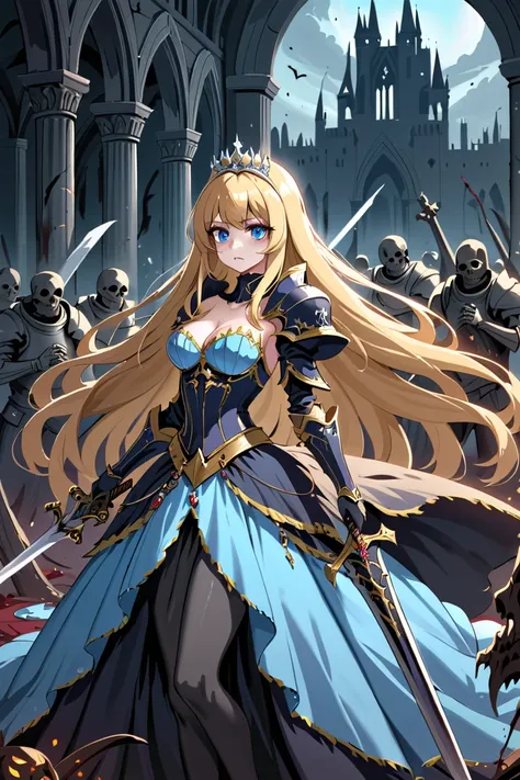  highest quality,   ultra high resolution、(( girl)),A large grim reaper is holding a large sword on the right、 Long Golden Hair、 blue eyes、 tiara 、Cinderella、A dress that looks like armor、Undead Soldiers