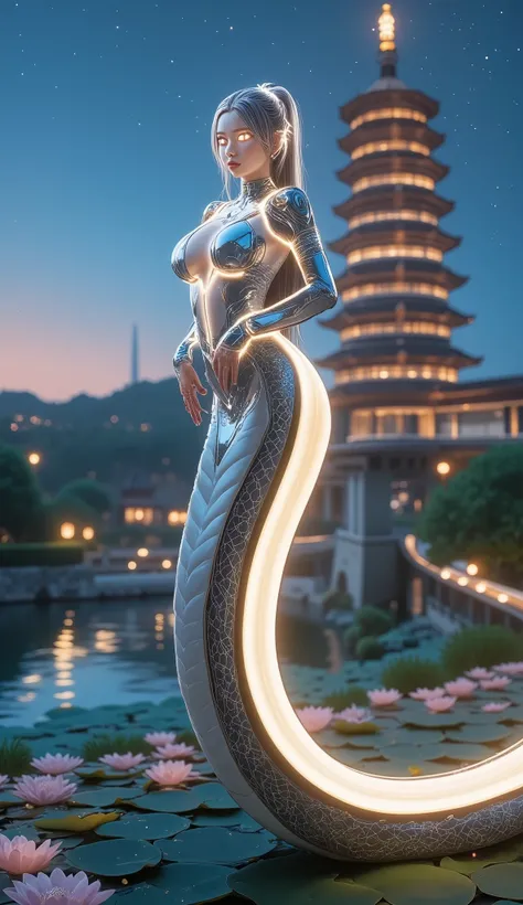 A mesmerizing snake woman with a serpent-like lower body that coils gracefully around the towering, multi-tiered Leifeng Pagoda, located beside the tranquil West Lake in Hangzhou. Her upper body is humanoid, adorned with shimmering scales and a sleek, futu...