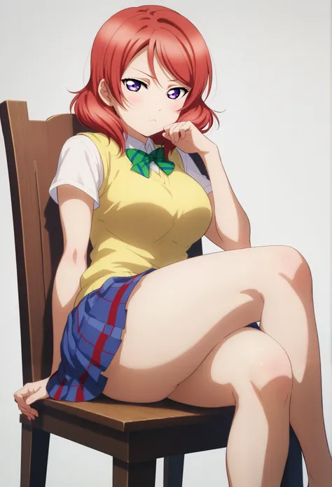 Maki nishikino,love live,highres,red hair , purple eyes ,blush ,looking at viewer ,otonokizaka ,white shirt,yellow sweater vest, sitting on wooden chair, right side elbow support, crossed legs,thick thighs ,blue pleated skirt,big breasts, young girl,bored,...