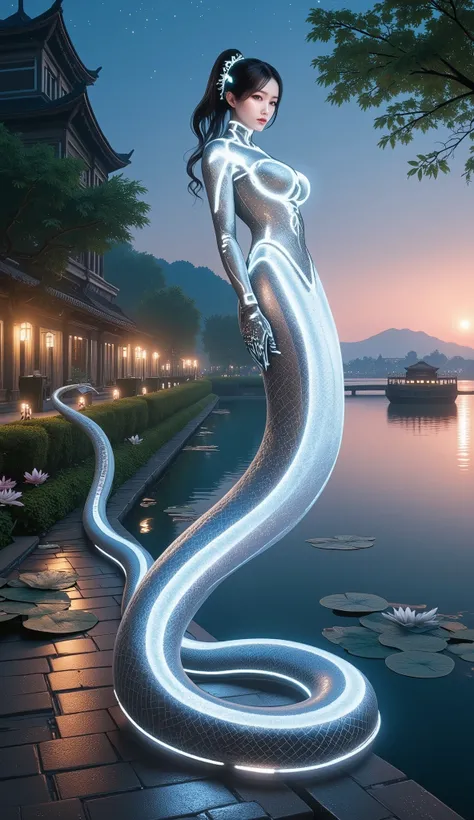 A mesmerizing snake woman with a serpent-like lower body that coils gracefully around the towering, multi-tiered Leifeng Pagoda, located beside the tranquil West Lake in Hangzhou. Her upper body is humanoid, adorned with shimmering scales and a sleek, futu...