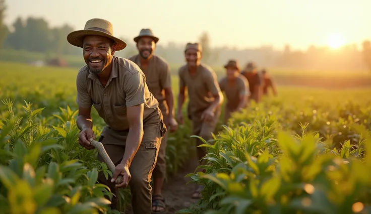 **Image Prompt:** Laborers working diligently in the fields, smiling and hopeful for a better future.
