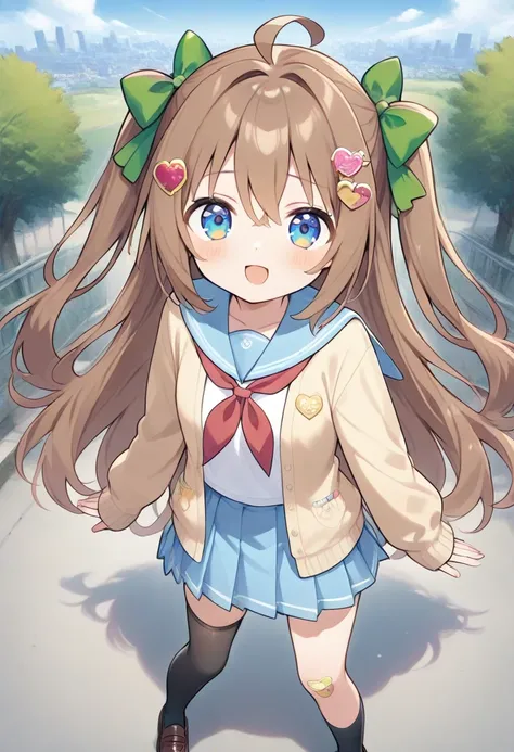 score_9,score_8_up,score_7_up,score_6_up BREAK official art,solo,outdoors,looking at viewer,facing viewer,Neuro-sama,ahoge,very long hair,long hair,brown hair,two side up,hair bow,red bow,hairclip,heart hair ornament,hair between eyes,bangs,blue eyes,schoo...