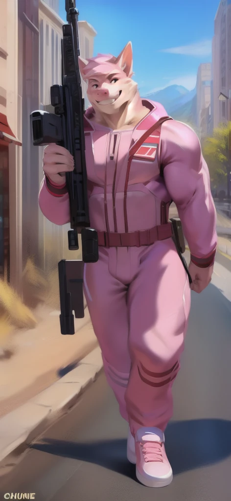  alone, male Tall​,huge​ body​, stand,Carrying a long gun as a weapon, road,pig bat​ ice pink ,  pink military spacesuit,  heavy overload,  muscle bundle, smirking happy ,by chunie ​