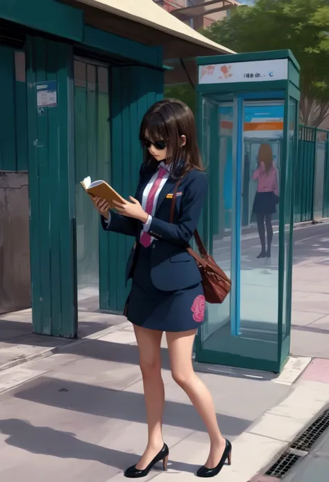 pretty young woman, holding a notebooks and smartphone, while walking on sidewalk,  around bus stop and telephone booth, green metal fence, BREAK, ( forehead,  black hair) , BREAK, ( (navy-blue long sleeves blazer), (pink shirt with navy-blue necktie), nav...