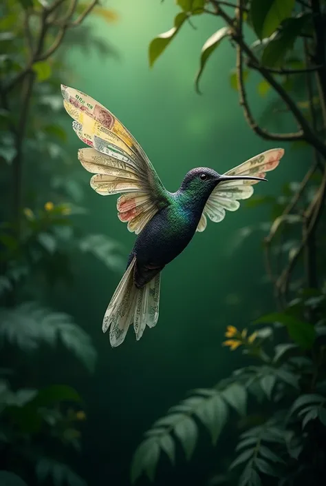 Create a hummingbird on the side in the foreground and that is dark colors and wings of flying banknotes and the background that is green