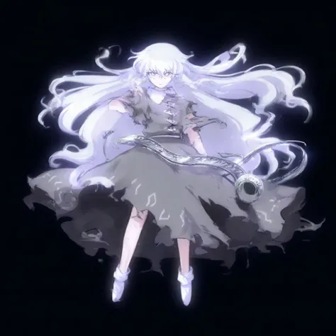 masterpiece, best quality, touhou style, full body, 1girl, long silver hair, pale lilac eyes, serene and distant expression with an enigmatic smile, ripped silver and gray clothes.