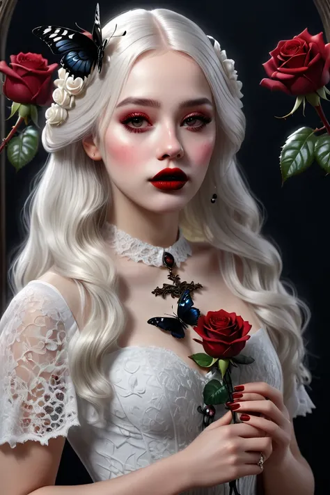 (best quality,4 k,8 k,higher ,masterpiece:1.2),ultra-detailed,(realistic,photorealistic,photo-realistic:1.37),gothic art,girl ,lace dress ,thorny rose, l, very cute girl in the dark Red lips, delicate nose luxuriant eye lashes glossy lips, butterfly,holdin...