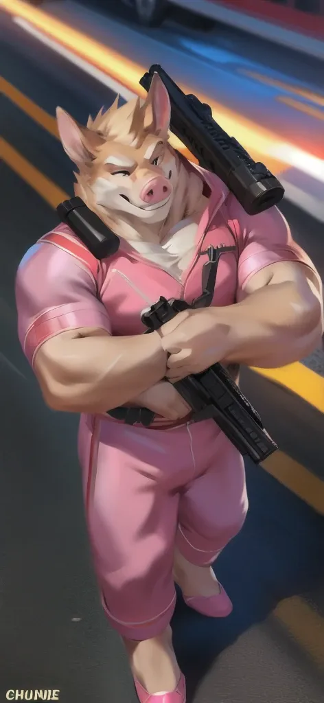  alone, male Tall​,huge​ body​, stand,Carrying a long gun as a weapon, road,pig gaur ice pink ,  pink military spacesuit,  heavy overload,  muscle bundle, smirking happy ,by chunie ​