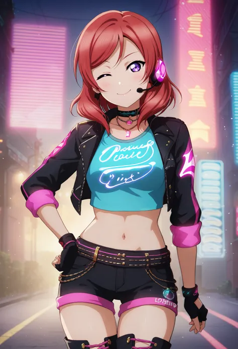 Maki nishikino,love live,highres,red hair , purple eyes ,blush ,looking at viewer ,thick thighs ,sexy wink, cowboy shot,front view, thighs , happy,Neon blue crop top with glowing circuit patterns, high neckline , sleeveles,Black leather jacket cropped with...