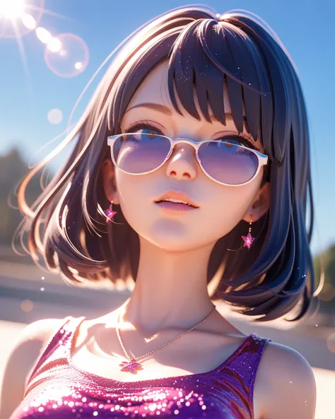  high resolution,  1 girl,  SHORTCUTS , Japanese glitter effect,  lens flare, , chest,  Dutch angle ,  3d rendering, 