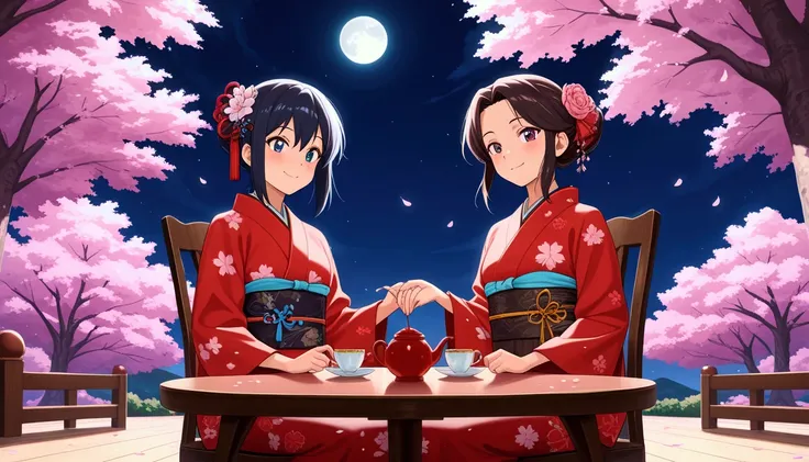 Moonlit Tea Ceremony, masterpiece, super fine illustration, best quality, light particles, ultra-detailed, 8K wallpaper,16k,amazing quality, 2women, multiple, {{{anime-style illustration, anime character portrait, studio anime style, shiny hair,shiny skin,...