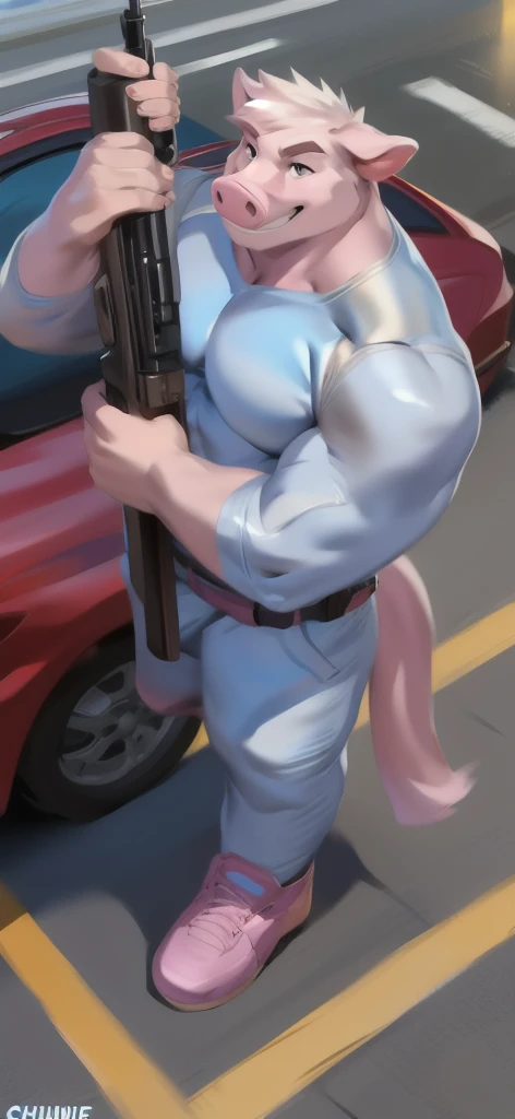  alone, male Tall​,huge​ body​, stand,Carrying a long gun as a weapon, road,pig cow ice pink ,  pink military spacesuit,  heavy overload,  muscle bundle, smirking happy ,by chunie ​