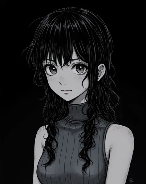 Persona,  soejima shigenori, Coloring of Himana , 1 ,  looking at the spectator,  Upper Body,  black background,    long hair,  half-tied hairstyle ,  wavy hair,  black hair ,  transparent sleeveless turtleneck t-shirt,  masterpiece, Lots of water ,   borr...