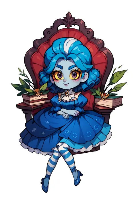 chibi, high definition, cute face, frankelda, 1girl, solo, dress, striped, blue hair, puffy sleeves, colored skin, freckles, full body, look at viewer, sitting down on green baroque chair, hands on lap, detailed background, dark floral wallpaper, yellow sc...