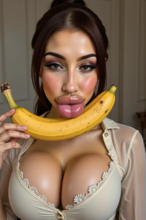 Beautiful french woman in traditional clothing winking with long eyelashes licking a big banana 