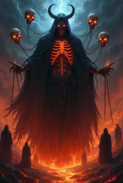 g sharp and a long black cloak that is torn at the end. His ribs seemed to glow with a smoldering orange color, as if there was a fire burning from within his body.Around this demon king, there were floating skulls with flaming red eyes, connected by barbe...