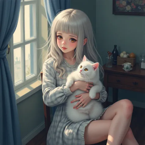 Shadows and light interweave, enchanting, fantastic atmosphere, soft, mysterious, delicate details, acrylic painting, anime, woman holding a white cat, room based on white
Long-haired hair wearing checked clothes