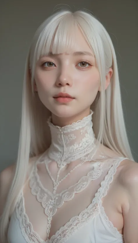 Perfect anatomy, Japanese girl, slightly short neck:1.7, albino skin, white hair, straight long hair, light brown eyes, high-neck lace fabric, white clothing, artistic.