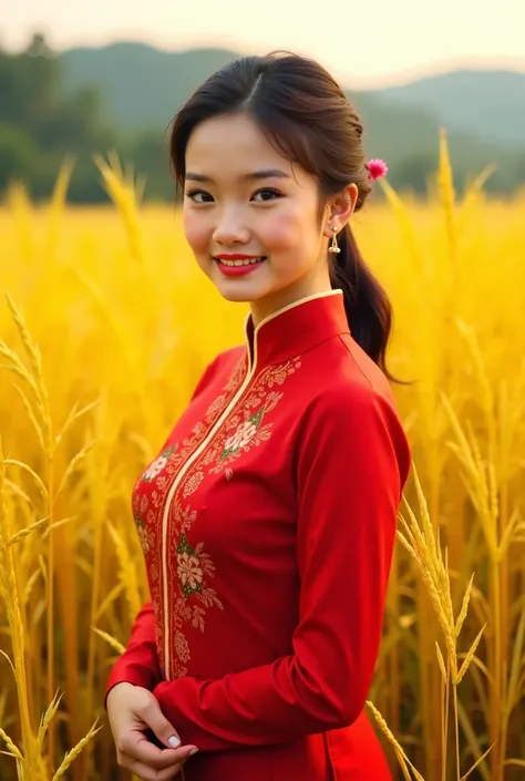 Create Vietnamese girl in traditional red tunic standing next to golden rice field