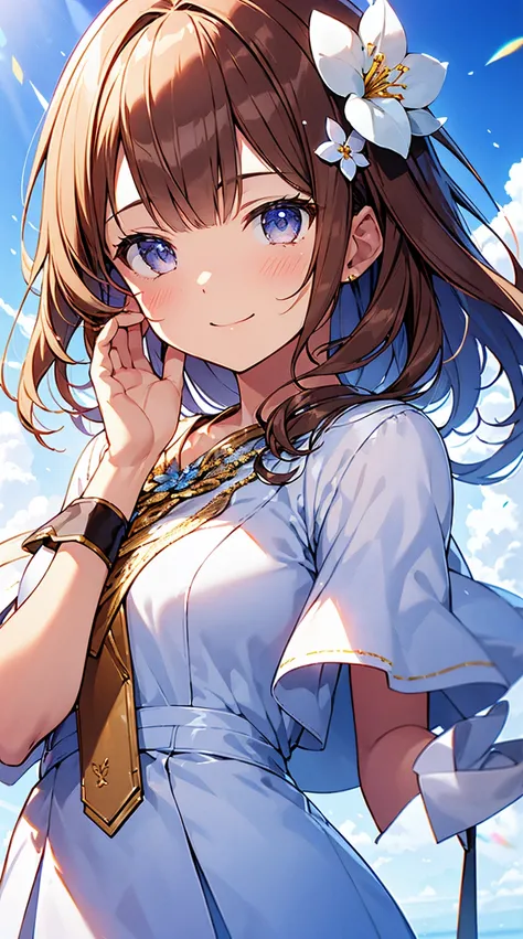  highest quality,One man's masterpiece,white dress, Magical Girl, cute, brown hair,Flower hair ornament,  Professional Lighting , blue sky,Smiling physics-based rendering, high resolution,( with a clear face),(  DETAILED FACE DESCRIPTION  ),( detailed hand...