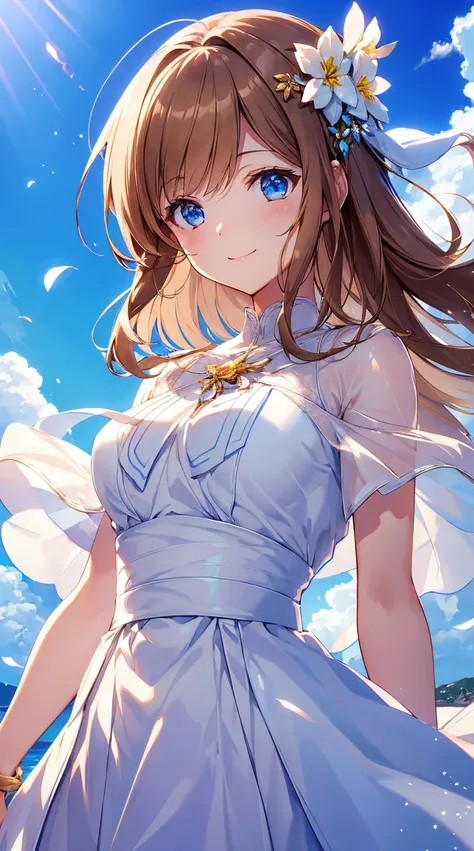  highest quality,One man's masterpiece,white dress, Magical Girl, cute, brown hair,Flower hair ornament,  Professional Lighting , blue sky,Smiling physics-based rendering, high resolution,( with a clear face),(  DETAILED FACE DESCRIPTION  ),( detailed hand...