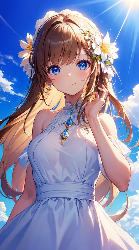  highest quality,One man's masterpiece,white dress, Magical Girl, cute, brown hair,Flower hair ornament,  Professional Lighting , blue sky,Smiling physics-based rendering, high resolution,( with a clear face),(  DETAILED FACE DESCRIPTION  ),( detailed hand...