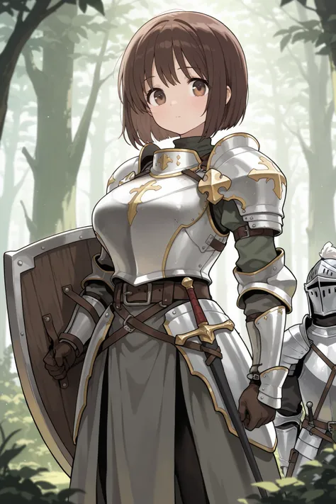 (best quality), (very aesthetic), (ultra-detailed), (best illustration), knight, one woman, tareme, bob cut, Brown Hair, Brown eyes, Melancholic, big breast, crusader armor, radiating holy light, standing guard at a enchanted forest, large shield