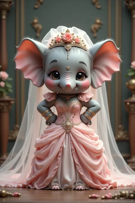 photorealistic portrait of Dressed animals - a ((fat)) chibi ((baby)) (elephant) bride,(art by Giuseppe Arcimboldo),(happy smile:1.5),(furry), high quality,(lovely) ,intricate details, highly detailed (gothic pink wedding dress)),wearing opera globes and s...