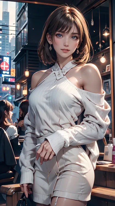 ((( Face Up )))、((( brown, Shoulder length,  straight short bob taken by someone)))、((( I can see the New York skyline in her background、 pose like a model in a beauty salon。.)))、(((Casual black long sleeve winter clothing)))、Half Japanese、Half are classic...