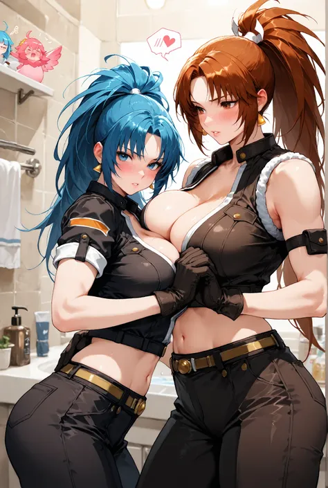 2girls, Mai Shiranui and Leona Heidern from King of Fighters, King of Fighters,cowboy shot, Dimly lit bathroom, Mai is hugging Leona, big large breasts, parted lips, Mai is giddy and Leona is flustered, posing together, Maibis giddy, Leona is Blushing, The...